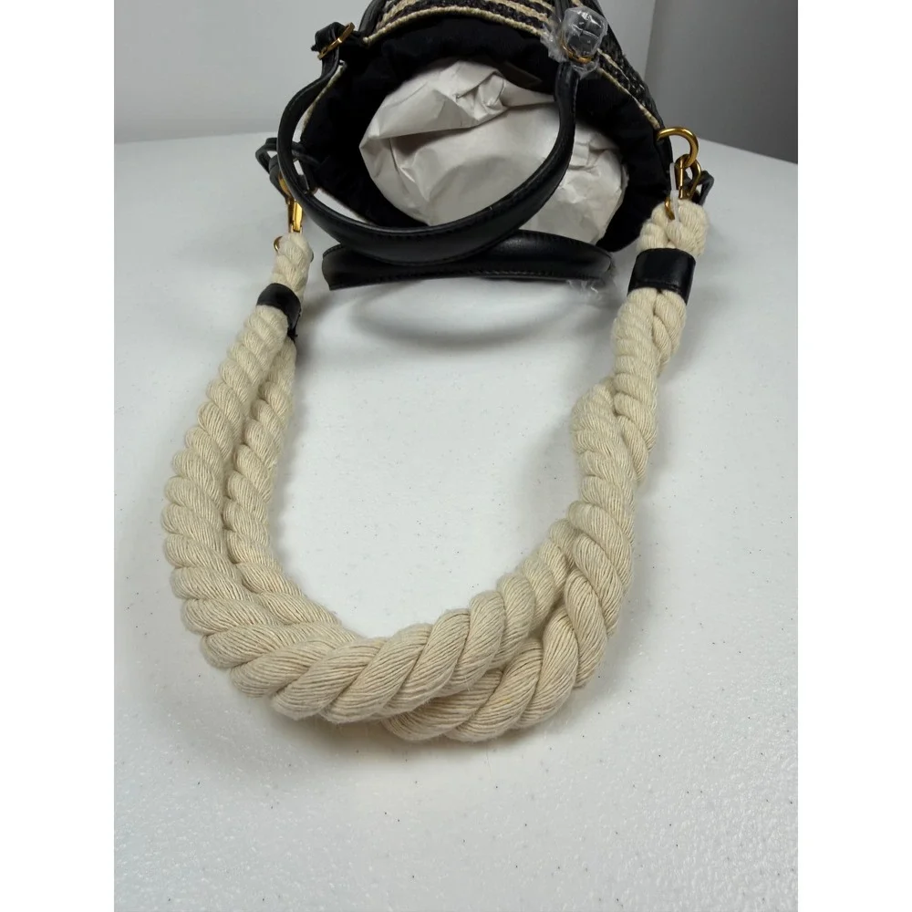 Steve Madden B-Rope Woven Straw Bucket Bag Striped Black Tan Nautical Rope Strap